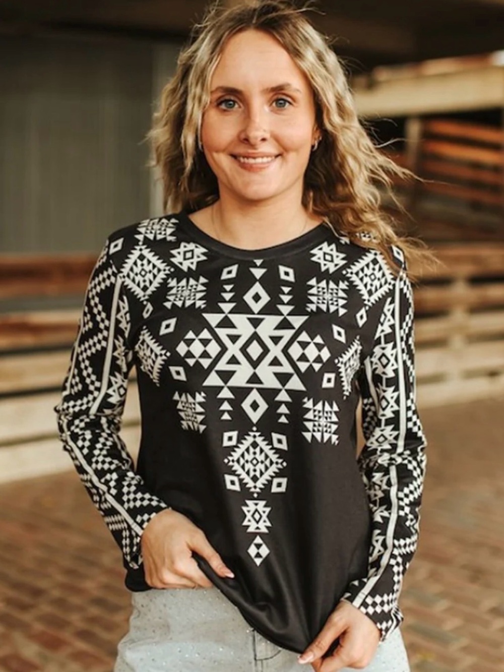 NWT Lucky & Blessed Black and White Aztec-Print Long Sleeve Tee